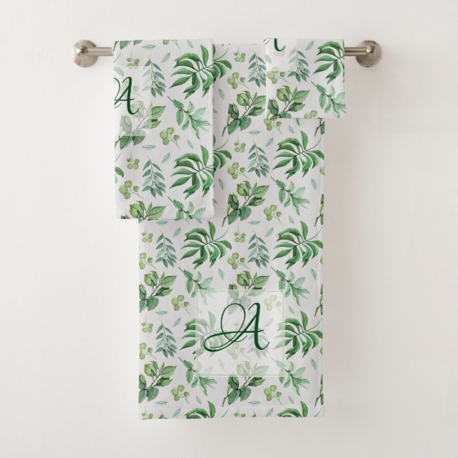 Mit Monogramm grüne Blätter Botanische Wohngestalt Badhandtuch Set (Insitu)