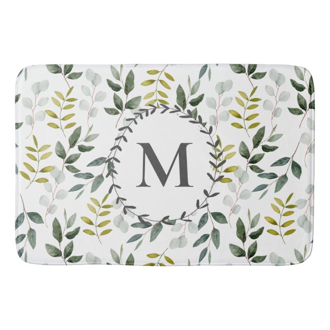 Mit Monogramm grüne Blätter Wasserfarbmuster Badematte (Vorderseite)
