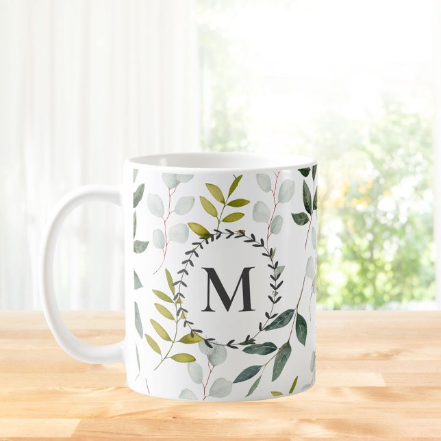 Mit Monogramm grüne Blätter Wasserfarbmuster Kaffeetasse (In situ)