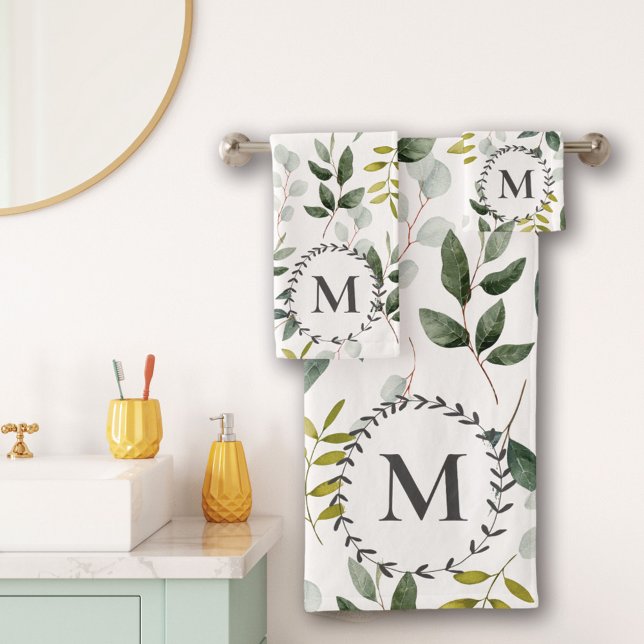 Mit Monogramm grüne Eukalyptus-tropische Blätter Badhandtuch Set (In situ bathroom wall)