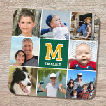 Mit Monogramm Grünes Gold für Fotosammlungen Getränkeuntersetzer<br><div class="desc">Feiern Sie Ihre Familie und Ihre Lieben mit einer speziell kuratierten Foto-Collage! Dieses Design aus hartem Kunststoff zeigt acht Ihrer Lieblingsfotos, ein Monogramm mit einem Single-Buchstaben und personalisierten Text. Perfekt für den Namen oder Familiennamen einer Person. Eine Vintage Vorlage im Retro-Stil mit quadratischem Rasterlayout und klassischer Blockschrift. Zusätzlich können Sie...</div>