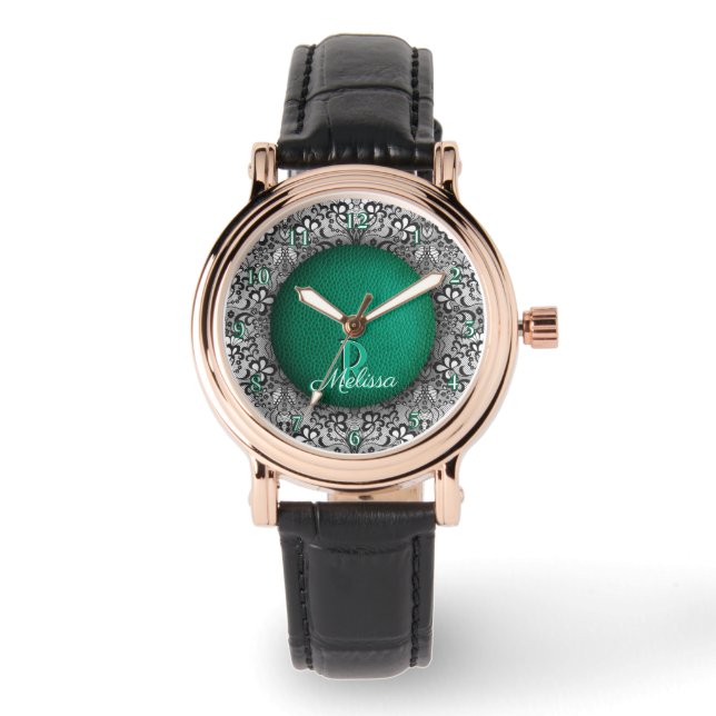 Mit Monogramm grünes Leder und schwarze Spitzen Armbanduhr (Vorderseite)