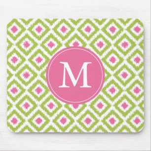Mit Monogramm grünes Pink Diamonds Ikat Pattern Mousepad