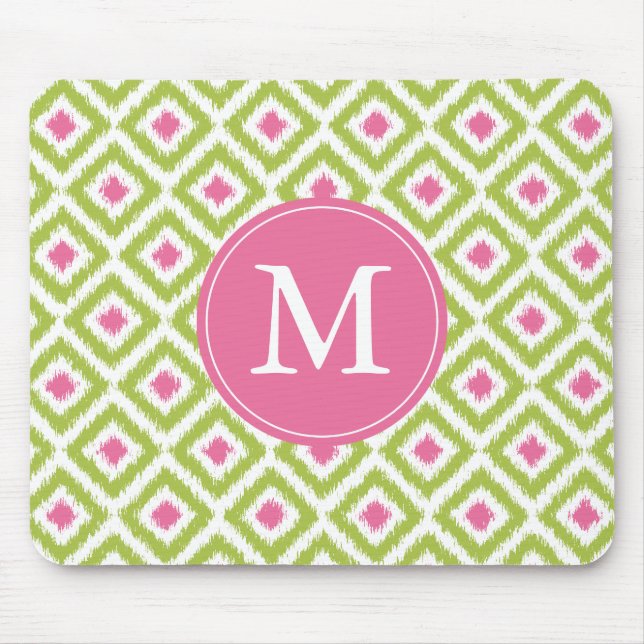 Mit Monogramm grünes Pink Diamonds Ikat Pattern Mousepad (Vorne)