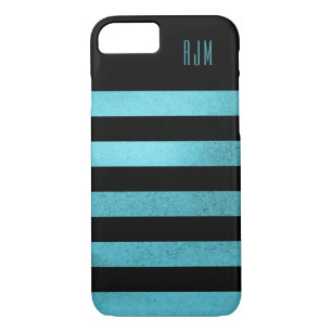 Mit Monogramm Grunge aquamarin Streifen Schwarzer  iPhone 8/7 Hülle