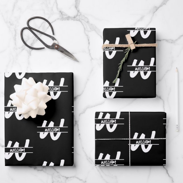 Mit Monogramm handgeschriebener Schwarz-Weiß-Name Geschenkpapier Set (Vorderseite)