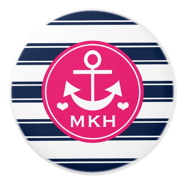 Mit Monogramm heißes Rosa-und Marine-Anker Keramikknauf (Vorderseite)