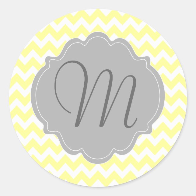 Mit Monogramm hellgelbes und graues Zickzack Muste Runder Aufkleber (Vorderseite)