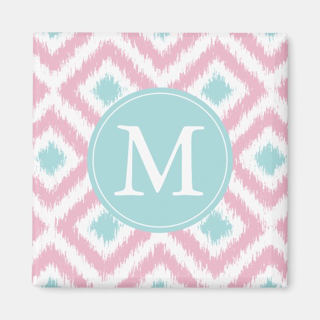 Mit Monogramm hellrosa Minze Diamonds Ikat Muster Magnet (Vorne)