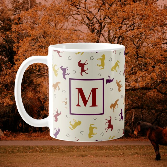 Mit Monogramm Herbst-Herbstlaub Pferdemuster Kaffeetasse (Von Creator hochgeladen)