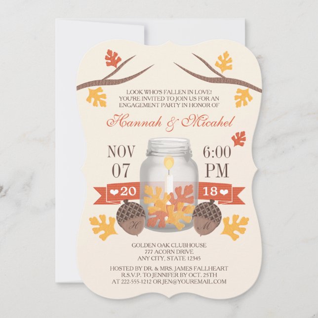 Mit Monogramm Herbstlaub Mason Jar Engagement Einladung (Vorderseite)