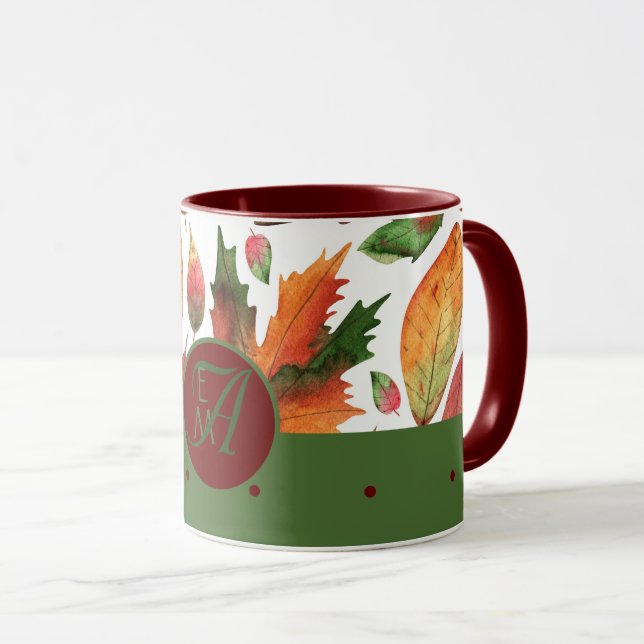 Mit Monogramm Herbstlaub Rote Dekoration im Herbst Tasse (VorderseiteRechts)