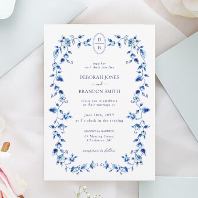 Mit Monogramm Hochzeit Blue & White Delft Einladung (Von Creator hochgeladen)