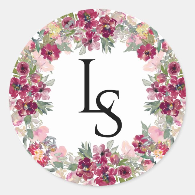 Mit Monogramm Hochzeit in Burgund und Rose Runder Aufkleber (Vorderseite)
