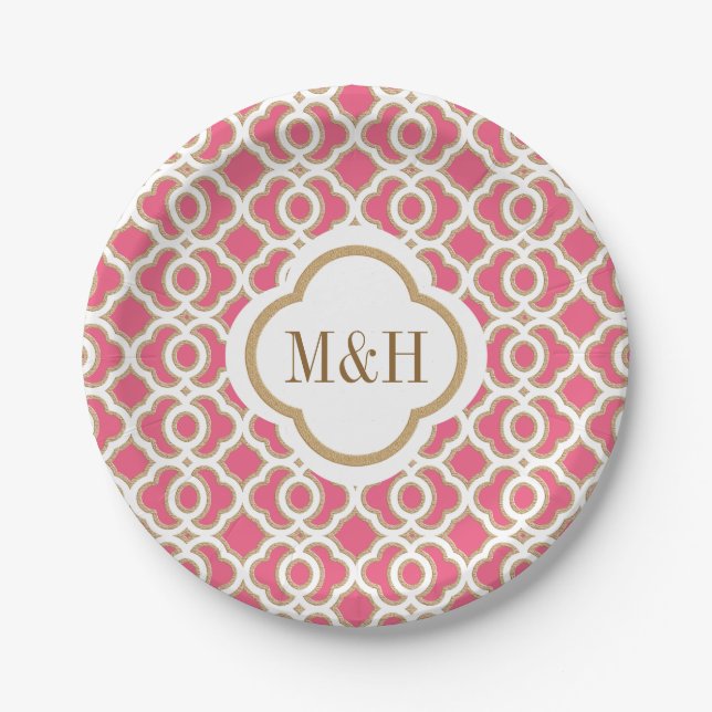 Mit Monogramm Hochzeit in Rosa und Gold Pappteller (Vorderseite)