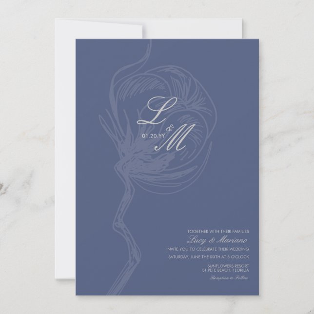 Mit Monogramm Hochzeit mit einer Blume aus Baumwol Einladung (Vorderseite)