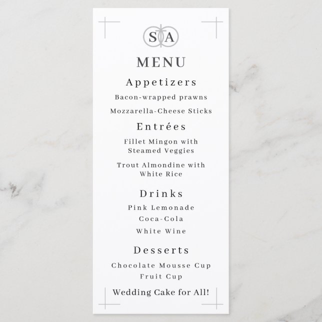 Mit Monogramm Hochzeit mit gewohntem Kreuz und Rin Menükarte (Vorderseite)