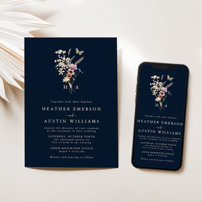 Mit Monogramm Hochzeitseinladung in Navy Einladung (Navy Blue Boho Floral Monogrammed Wedding Invitation by Painted Paperie
)