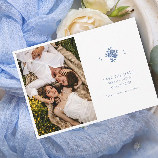 Mit Monogramm Hochzeitswohnung in Blau und Weiß Save The Date (Von Creator hochgeladen)