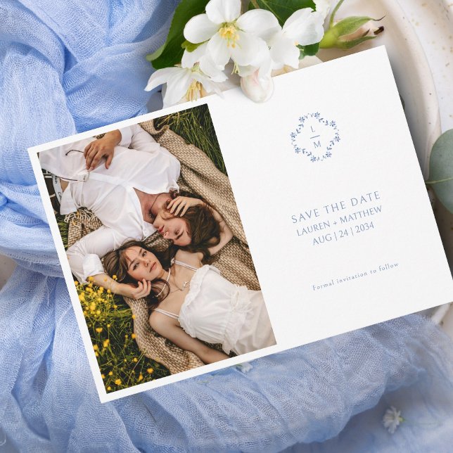 Mit Monogramm Hochzeitswohnung in Blau und Weiß Save The Date (Von Creator hochgeladen)