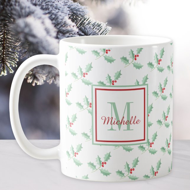 Mit Monogramm Holly Holiday Kaffee Tasse (Von Creator hochgeladen)