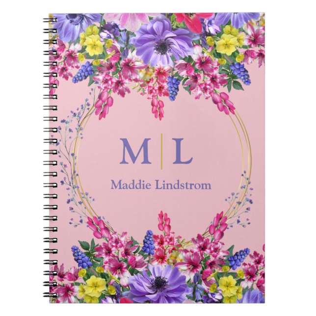 Mit Monogramm Hübsch rosa Multicolor-Blumenmuster Notizblock (Vorderseite)