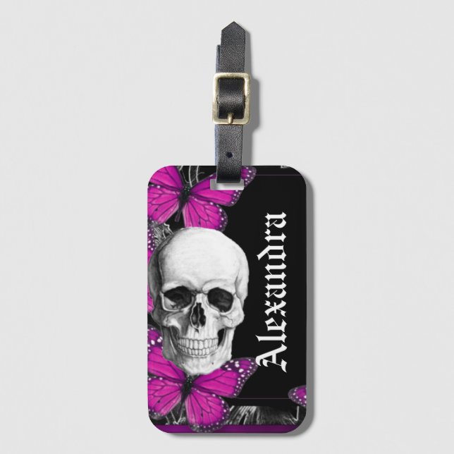 Mit Monogramm Hübscher Gothischer Schädel Gepäckanhänger (Vorderseite Vertikal)