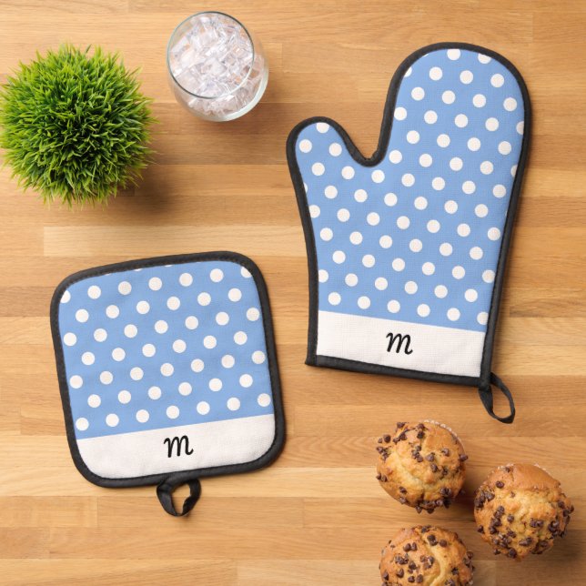 Mit Monogramm Hübsches Muster Sky Blue Polka Dot Ofenhandschuh & Topflappen-Set (Oben Unten)