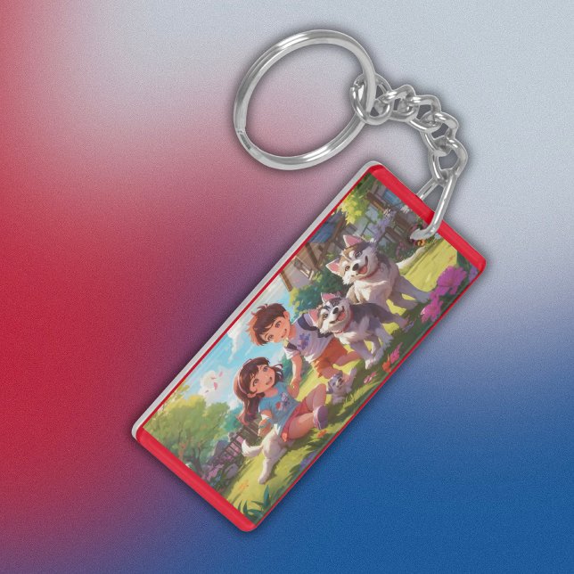 Mit Monogramm Husky-Hunde mit Kindern | Schlüsselanhänger (Von Creator hochgeladen)