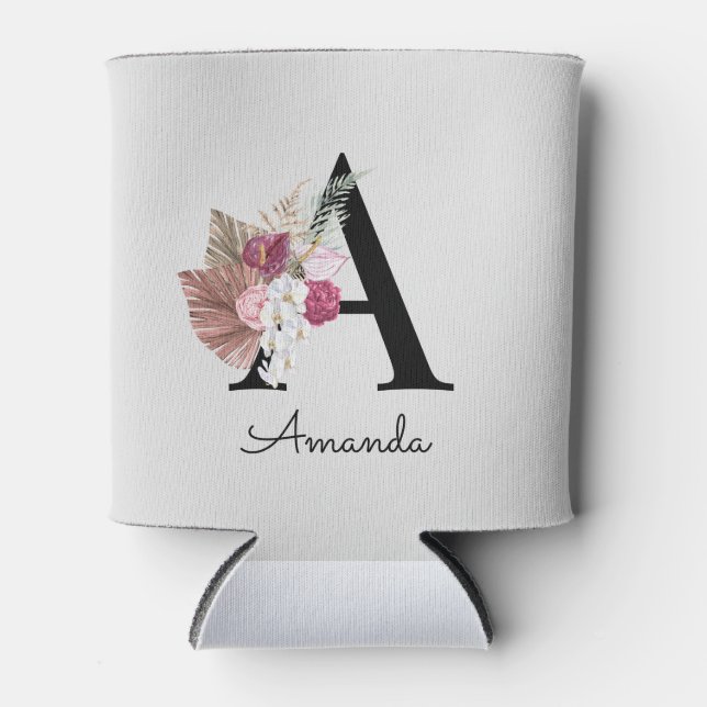 Mit Monogramm Initial A Pink Boho Girly Floral Dosenkühler (Vorderseite)