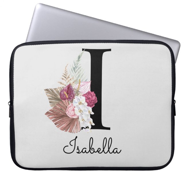 Mit Monogramm Initial I Pink Boho Floral Laptopschutzhülle (Vorderseite)