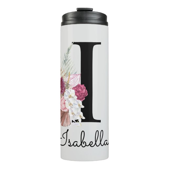 Mit Monogramm Initial I Pink Boho Girly Floral Thermosbecher (Vorderseite)