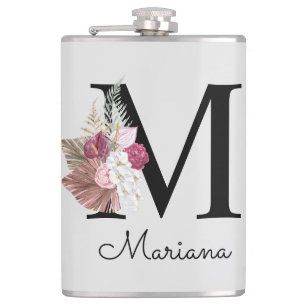 Mit Monogramm Initial M Pink Boho Floral Flachmann