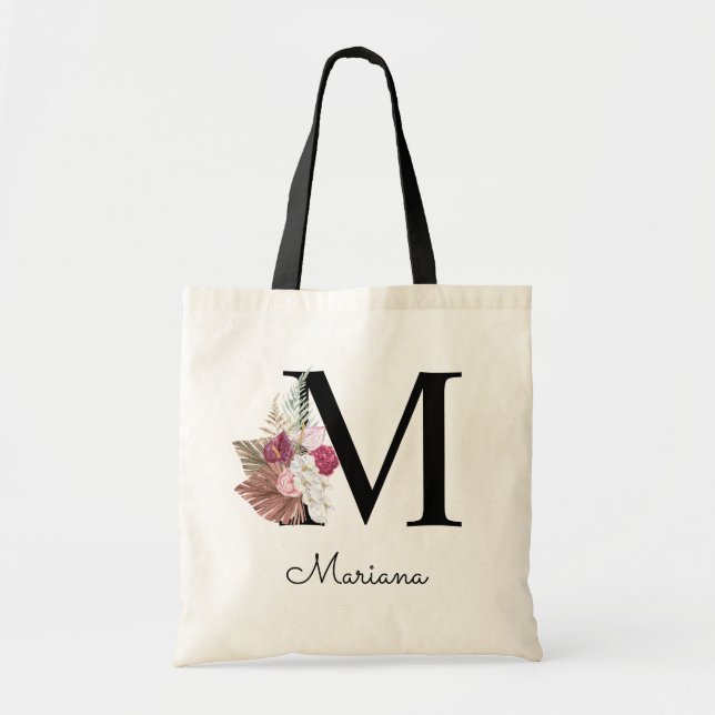 Mit Monogramm Initial M Pink Boho Floral Tragetasche (Vorne)