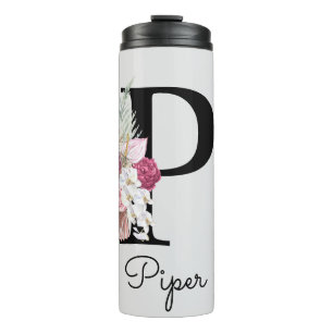 Mit Monogramm Initial P Pink Boho Floral Thermosbecher