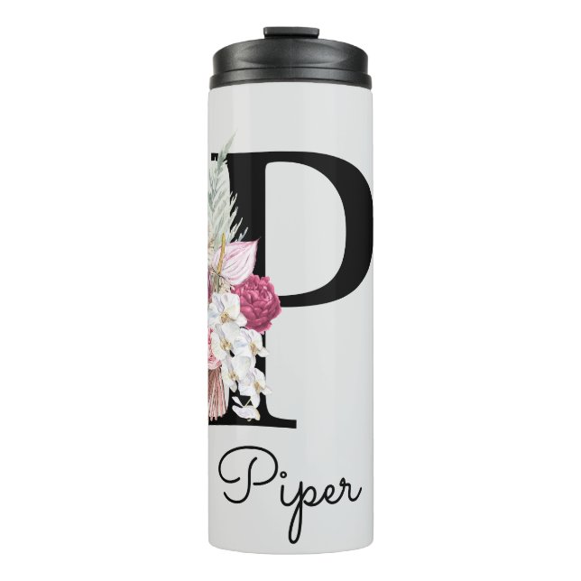 Mit Monogramm Initial P Pink Boho Floral Thermosbecher (Vorderseite)