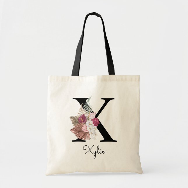 Mit Monogramm Initial S Pink Boho Floral Tragetasche (Vorne)