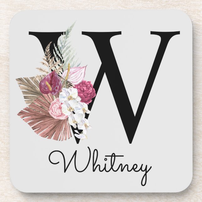 Mit Monogramm Initial W Pink Boho Floral Getränkeuntersetzer (Vorderseite)