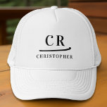 Mit Monogramm Initialen Name Minimalistisch Schwar Truckerkappe<br><div class="desc">Die Minimalistische Monogram Trucker Hut in Schwarz und Weiß, die ultimative Mischung aus Einfachheit und klassischem Stil. Stilvolle, moderne Ästhetik mit diesem zeitlosen Design, mit zwei Initialen und einem Vornamen, getrennt durch einen dekorativen Schrägstrich. Die elegante schwarze Typografie hebt sich vor einem knalligen, weißen Hintergrund ab. Egal ob Sie es...</div>