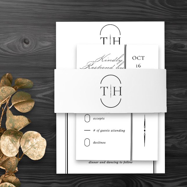 Mit Monogramm Initialen White Wedding Einladungsbanderole (Monogrammed wedding invitation belly band in black and white from my Wedding Colors Collection)