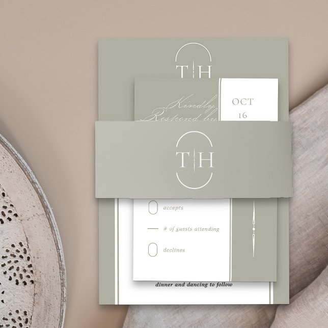 Mit Monogramm Initialen zeigen Grüne Hochzeit Einladungsbanderole (Simple monogrammed sage green wedding invitation belly bands from my Wedding Colors collection)