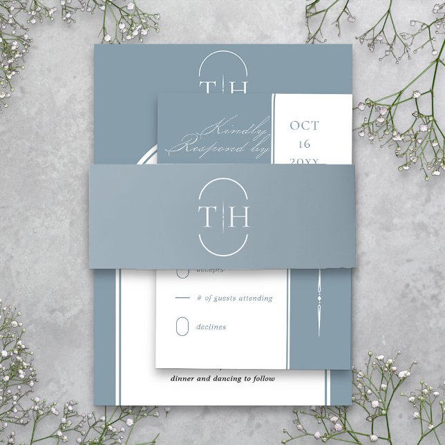 Mit Monogramm Initials Dusty Blue Wedding Einladungsbanderole (Dusty Blue Monogrammed wedding invitation belly band  from my Wedding Colors Collection)