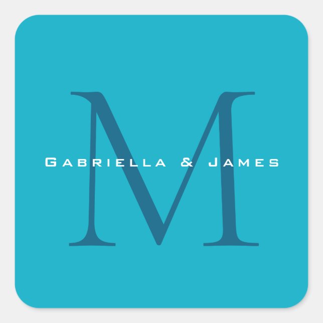 Mit Monogramm Kalligrafie Azure Blue Moderne Schli Quadratischer Aufkleber (Vorderseite)