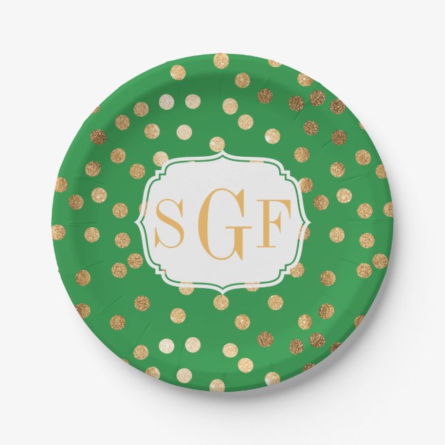 mit Monogramm Kelly Green und Gold Glitzer Dots Pappteller (Vorderseite)
