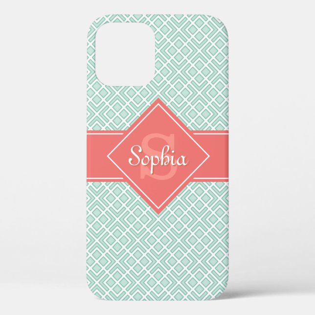 Mit Monogramm Korallen- und Minzdiamantenmuster Case-Mate iPhone Hülle (Rückseite)