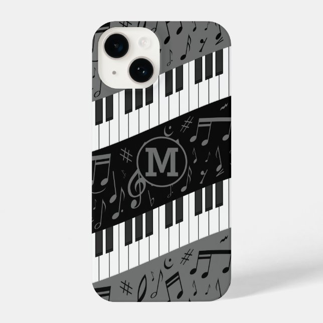 Mit Monogramm Kurven-Klaviertasten und Musiknoten iPhone Hülle (Rückseite)