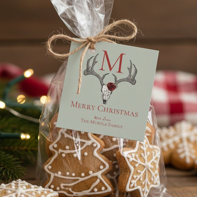 Mit Monogramm Land - Weihnachtsmäntel und Rose Geschenkanhänger (Modern Reindeer Skull Antlers Merry Christmas Gift Tags. Festive Red Gothic Skull Country Xmas Tags )