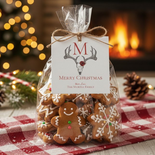 Mit Monogramm Land - Weihnachtsmäntel und Rose Geschenkanhänger (Modern Reindeer Skull Antlers Merry Christmas Gift Tags. Festive Red Gothic Skull Country Xmas Tags )