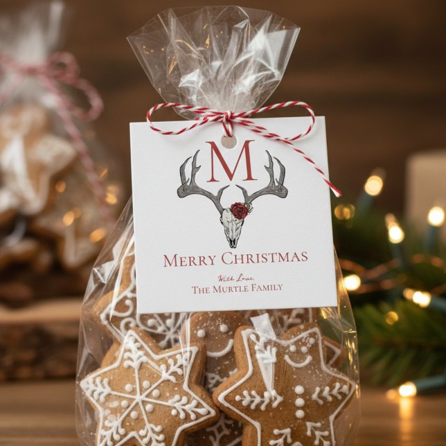 Mit Monogramm Land - Weihnachtsmäntel und Rose Geschenkanhänger (Modern Reindeer Skull Antlers Merry Christmas Gift Tags. Festive Red Gothic Skull Country Xmas Tags )