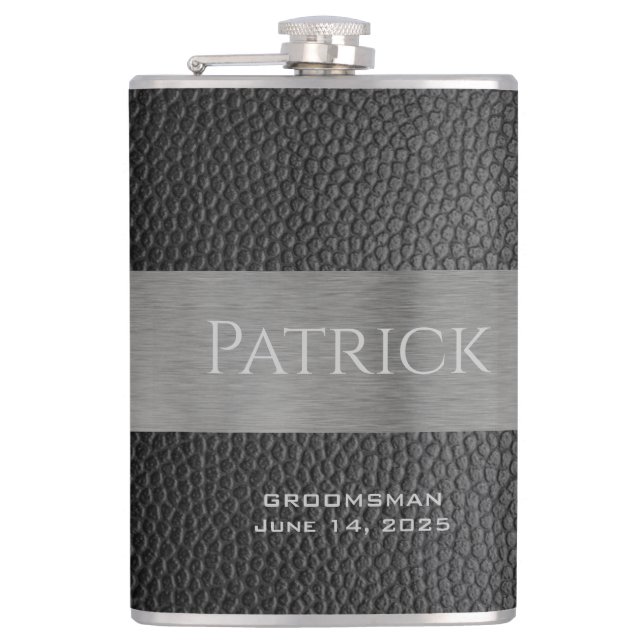 Mit Monogramm Lasche aus Leder und Metall Flachmann (Vorderseite)